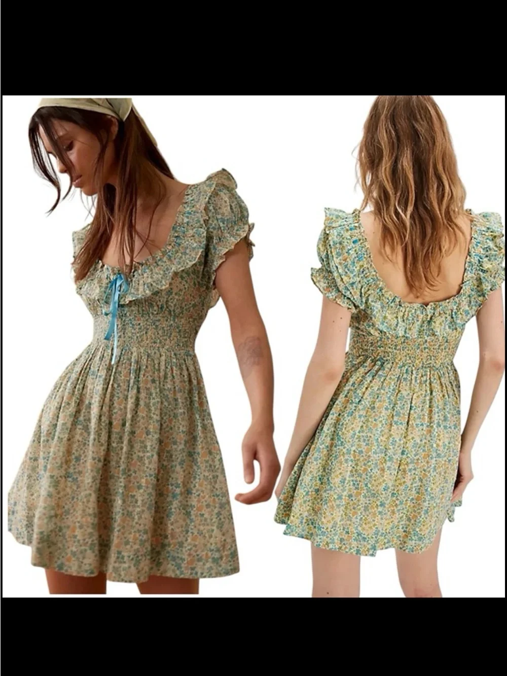 Free people Floral Ruffled Mini Dress in Yellow & Teal